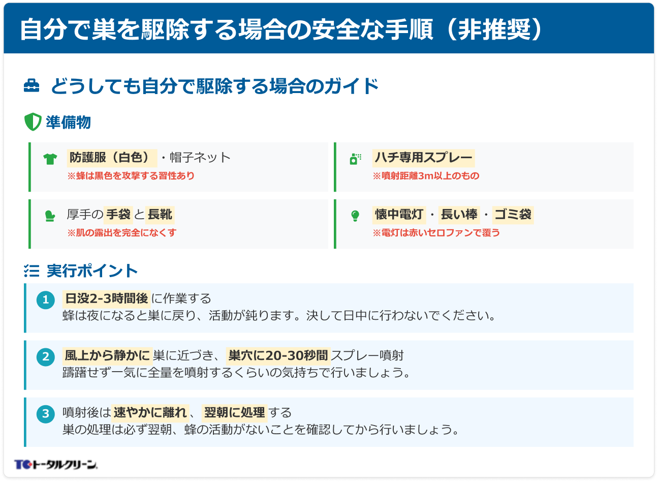 自分で巣を駆除する場合の安全な手順