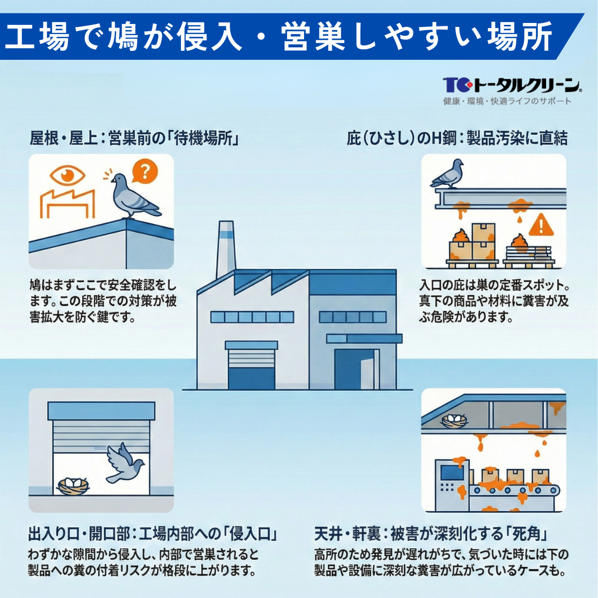 工場で鳩が侵入・営巣しやすい場所