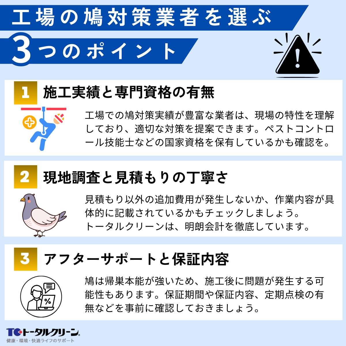 工場の鳩対策業者を選ぶポイント