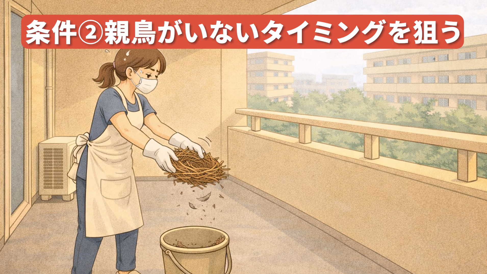 自分で撤去してOKな条件：条件2：親鳥がいないタイミングを狙うこと