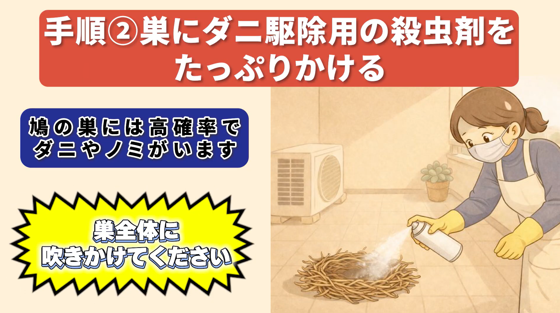鳩の巣駆除手順2：巣にダニ駆除用の殺虫剤をたっぷりかける