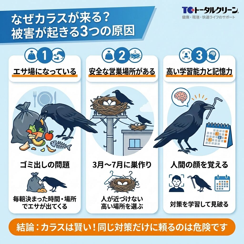 なぜカラスが来る？被害が起きる3つの原因