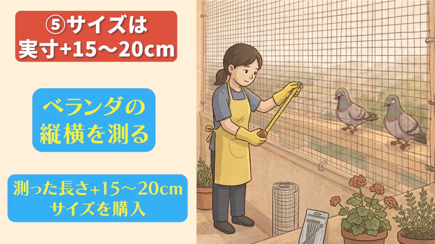 失敗しない鳩除けネットの選び方ポイント⑤：サイズは実寸＋15〜20cmの余裕を持たせる