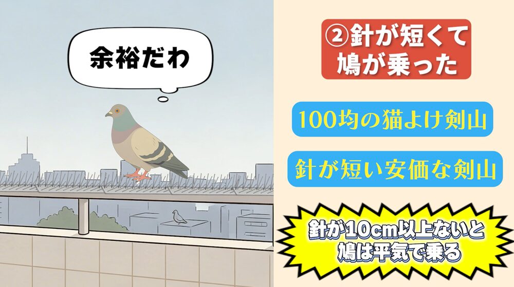 鳩よけグッズの失敗例2：100均の剣山は針が短くて鳩が平気で乗る