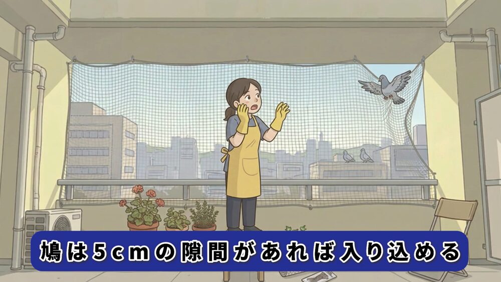 鳩よけグッズの失敗例3：ネットの端や角に隙間ができて侵入された