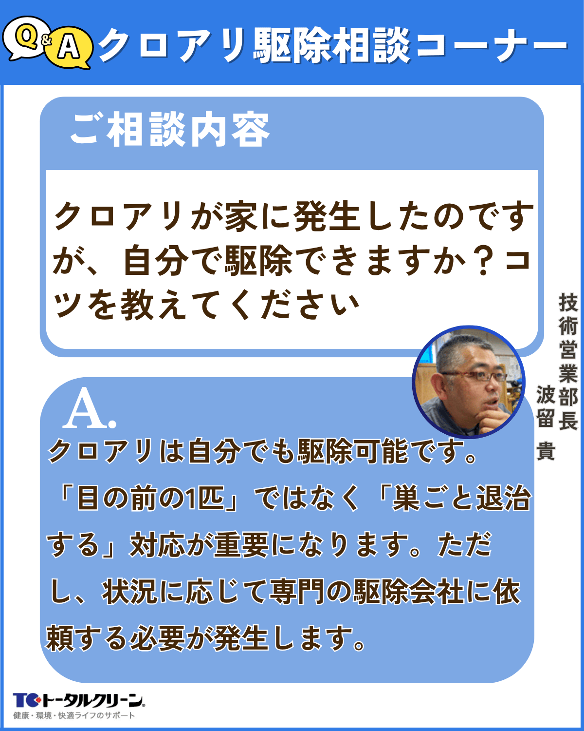 Q：クロアリが家に発生したのですが、自分で駆除できますか？コツを教えてください