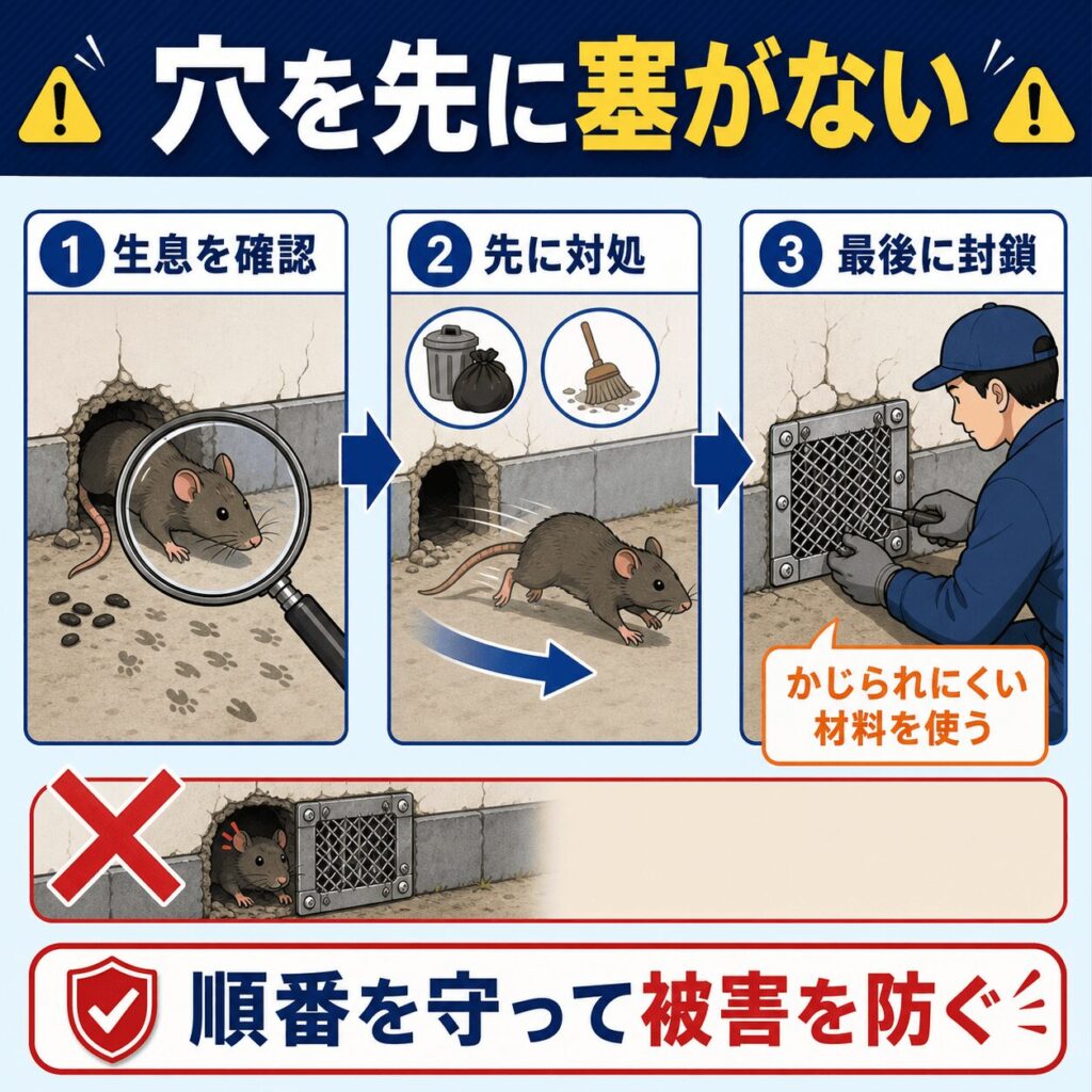 【注意点】穴を先に塞ぐと、かえって被害が進むケースもある