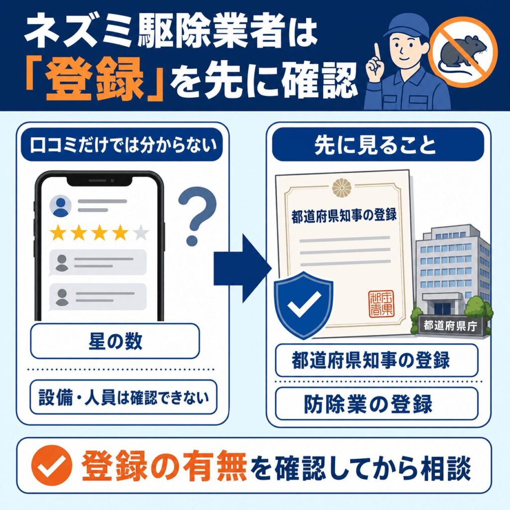 ネズミ駆除の業者の信頼性は、口コミより先に「登録」で判断すべき