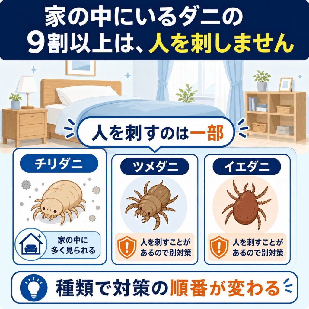家の中にいるダニの9割以上は、人を刺しません