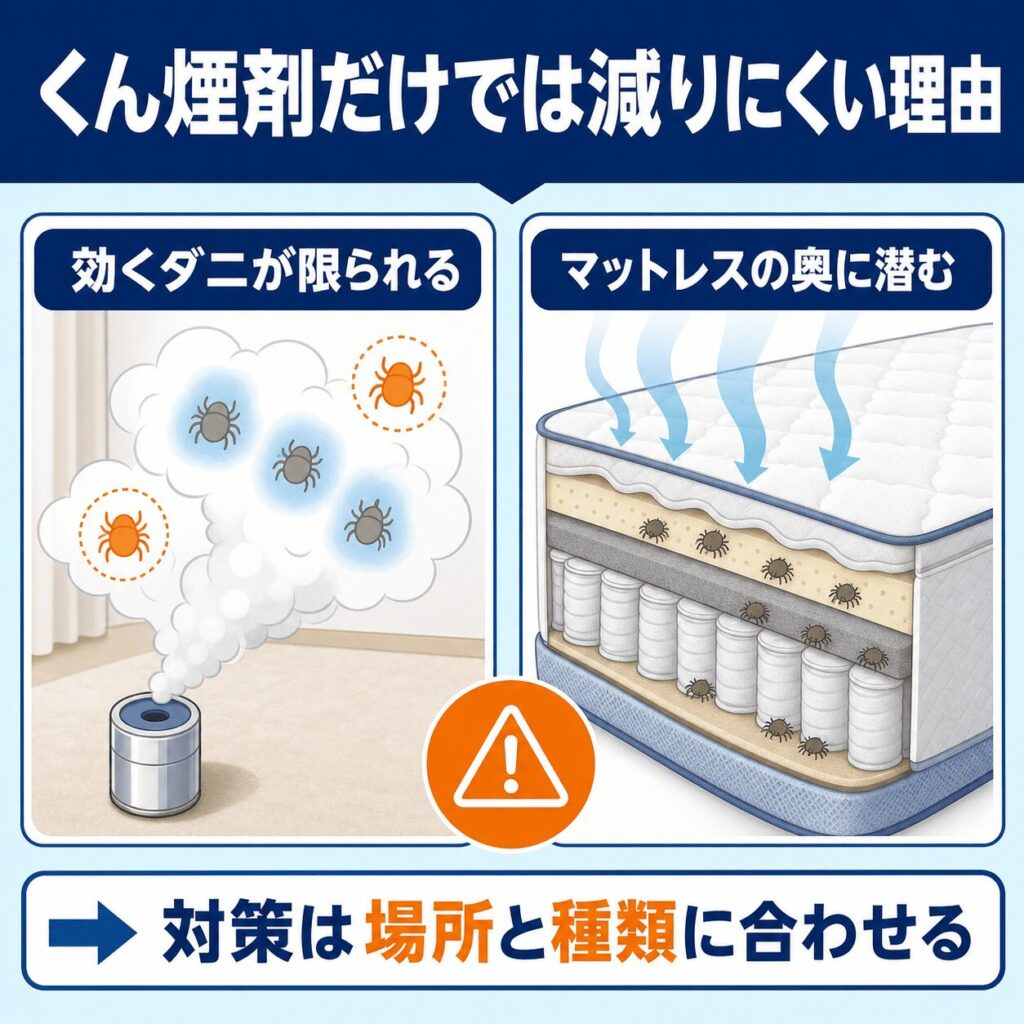 市販のくん煙剤を焚いても、マットレスのダニが減りにくい理由