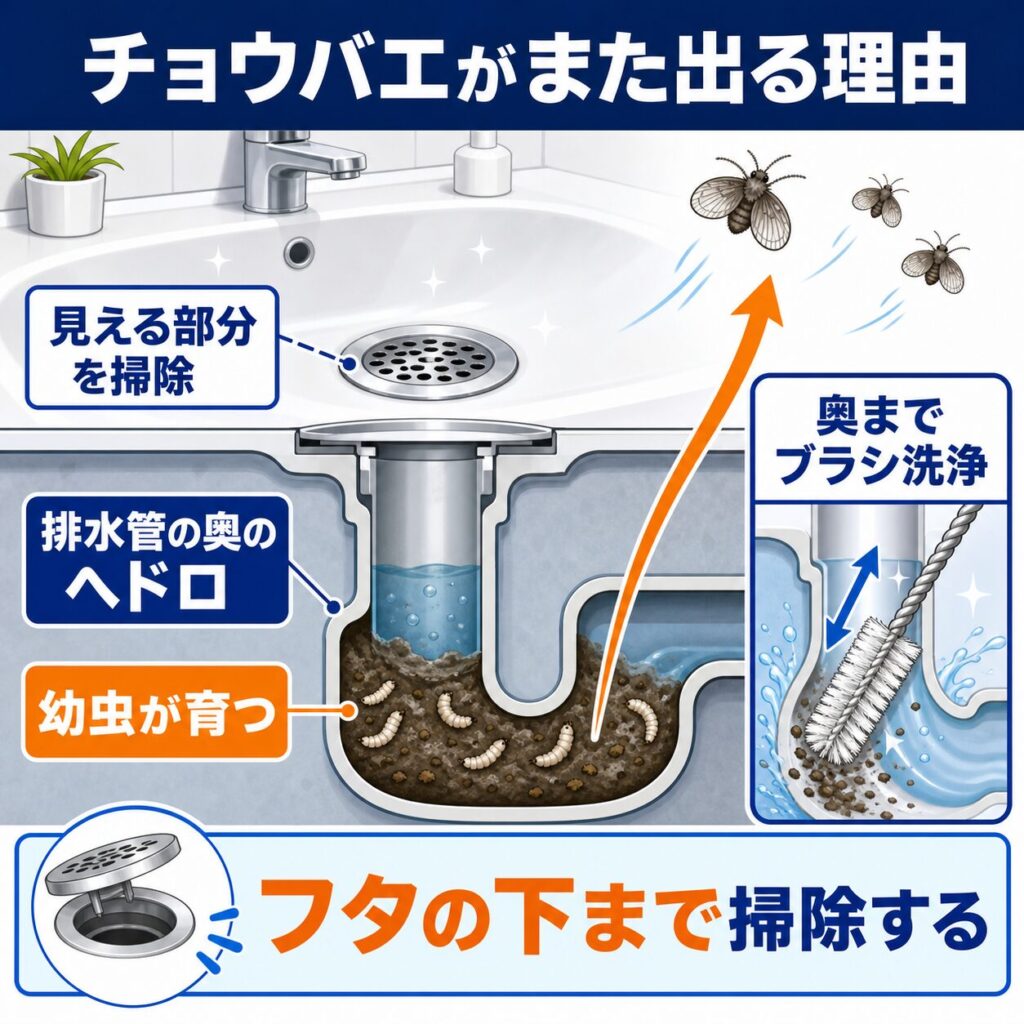 排水管の中のヘドロで育つチョウバエが掃除した翌日にまた出る理由