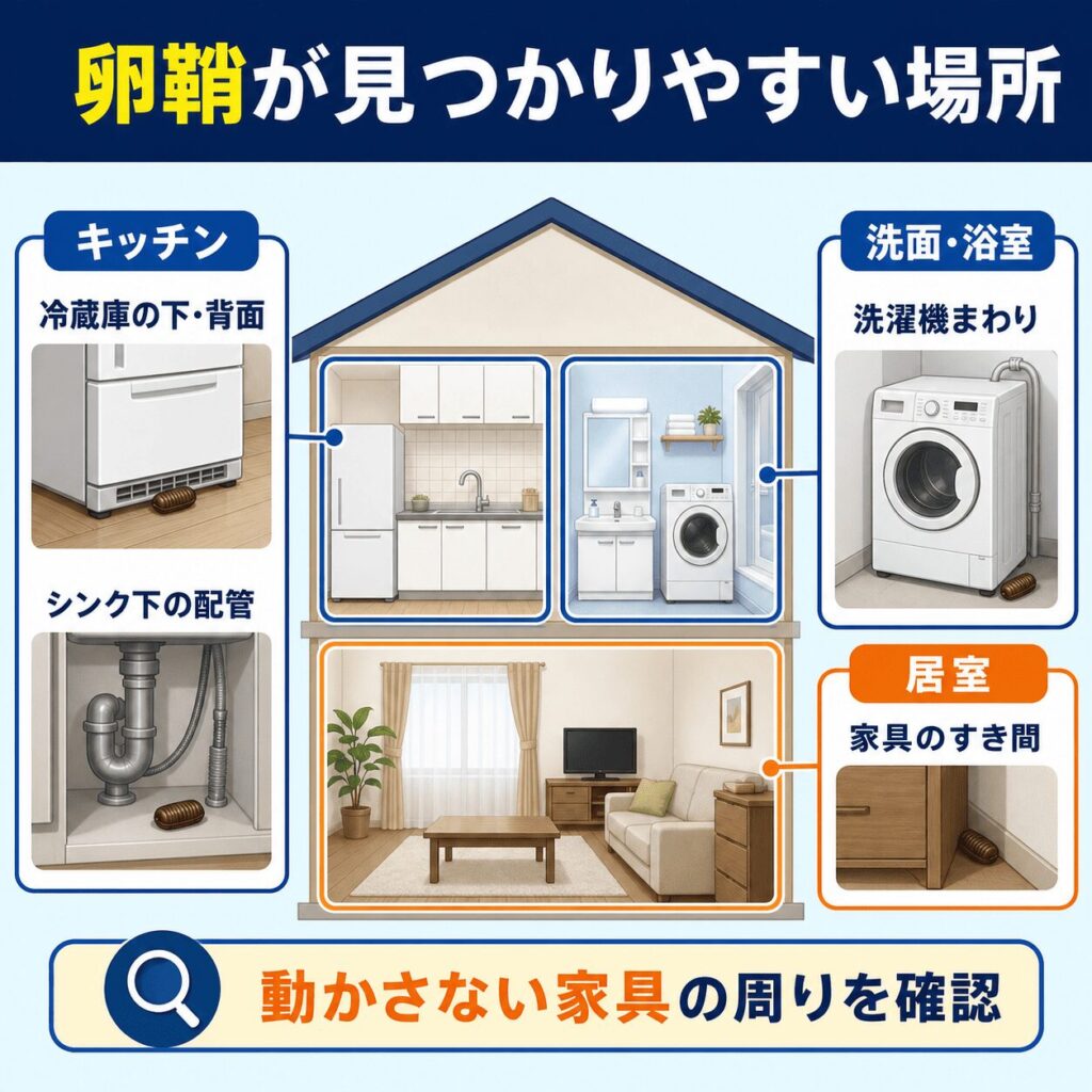 現場で卵鞘が見つかる定位置