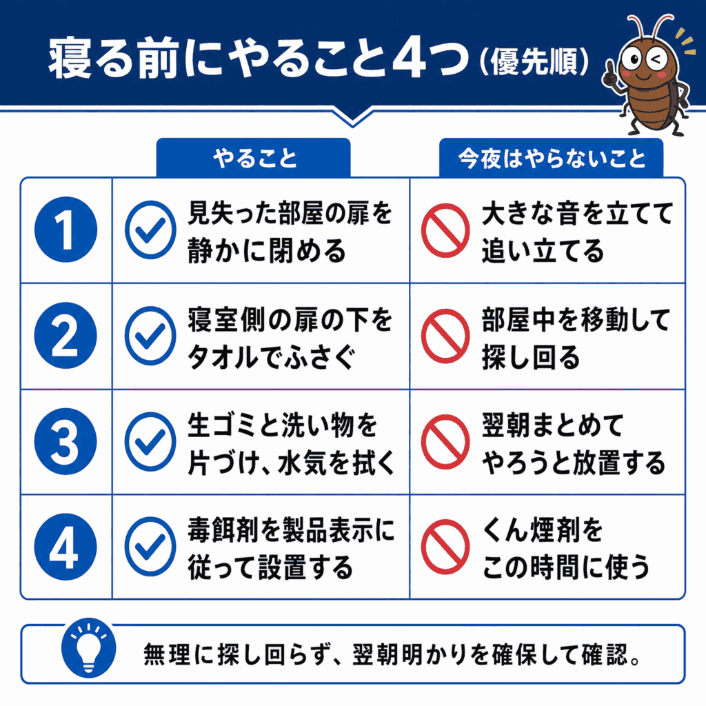 ゴキブリを見つけたら、寝る前にやることを、優先順に4つご紹介