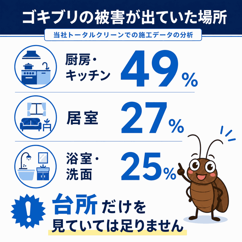 トータルクリーンに相談いただいた内容をもとに集計したゴキブリの被害が出ていた場所の集計データ