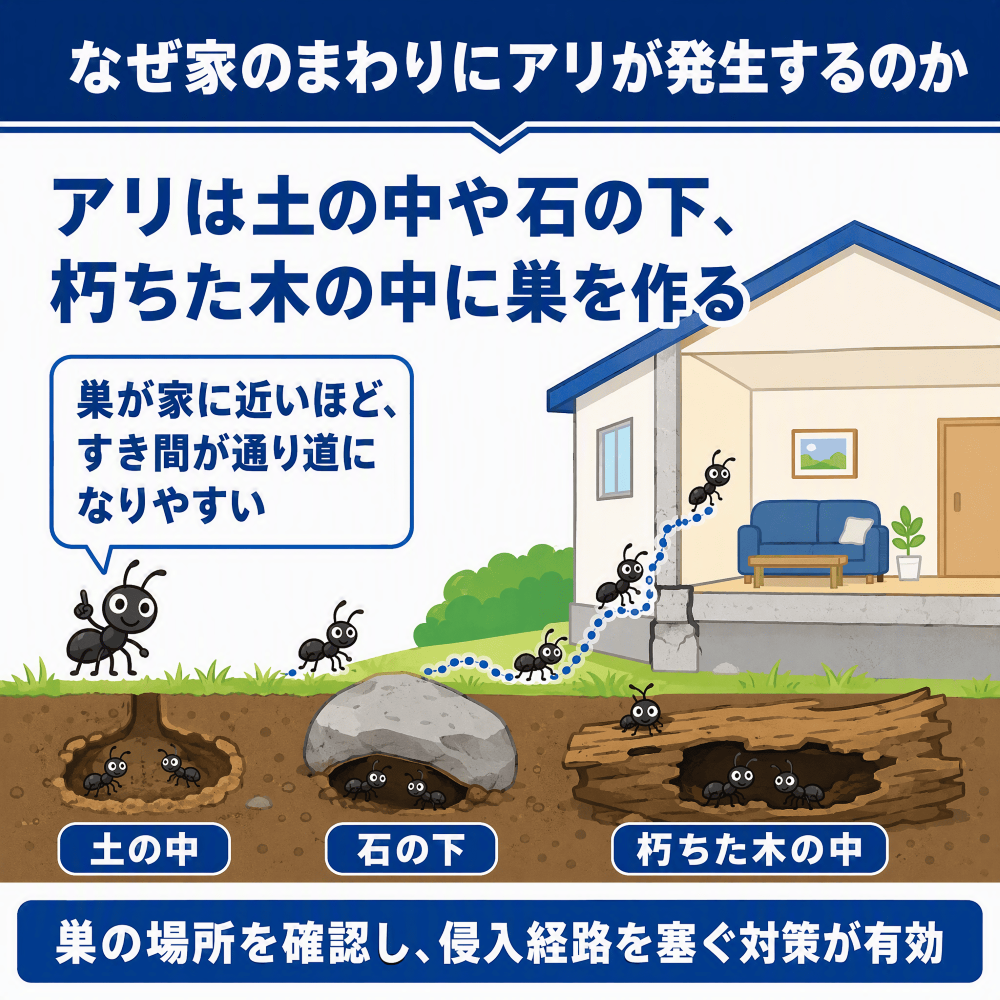 なぜ家のまわりにアリが発生するのかというと、アリは土の中や石の下、朽ちた木の中などに巣を作るからです。