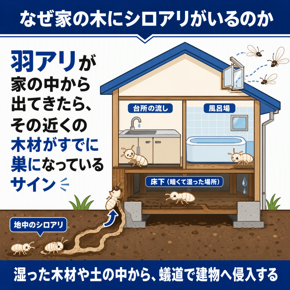 なぜ家の木にシロアリがいるのかというと、シロアリは地中から蟻道（土で作るトンネル）をつくって建物へ侵入してくることが多く、湿った木材や土の中で生活しているという