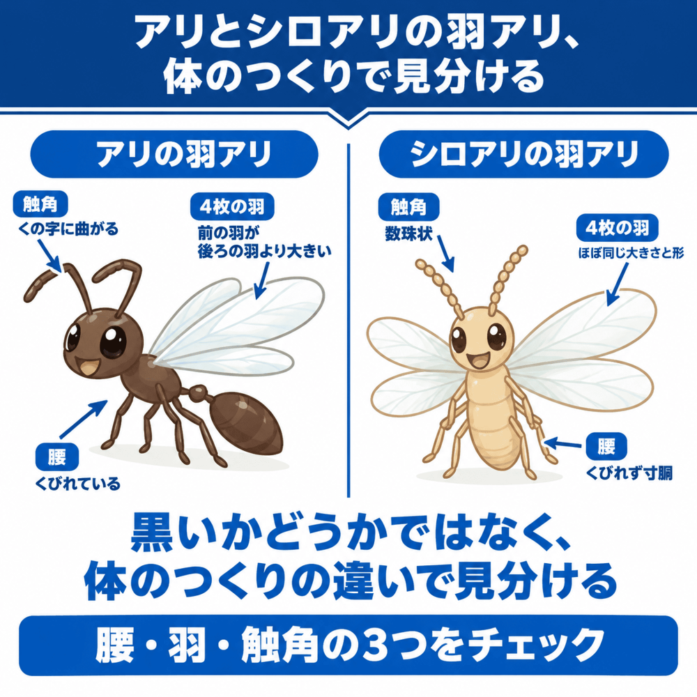 アリかシロアリかは、腰・羽・触角で見分けられます