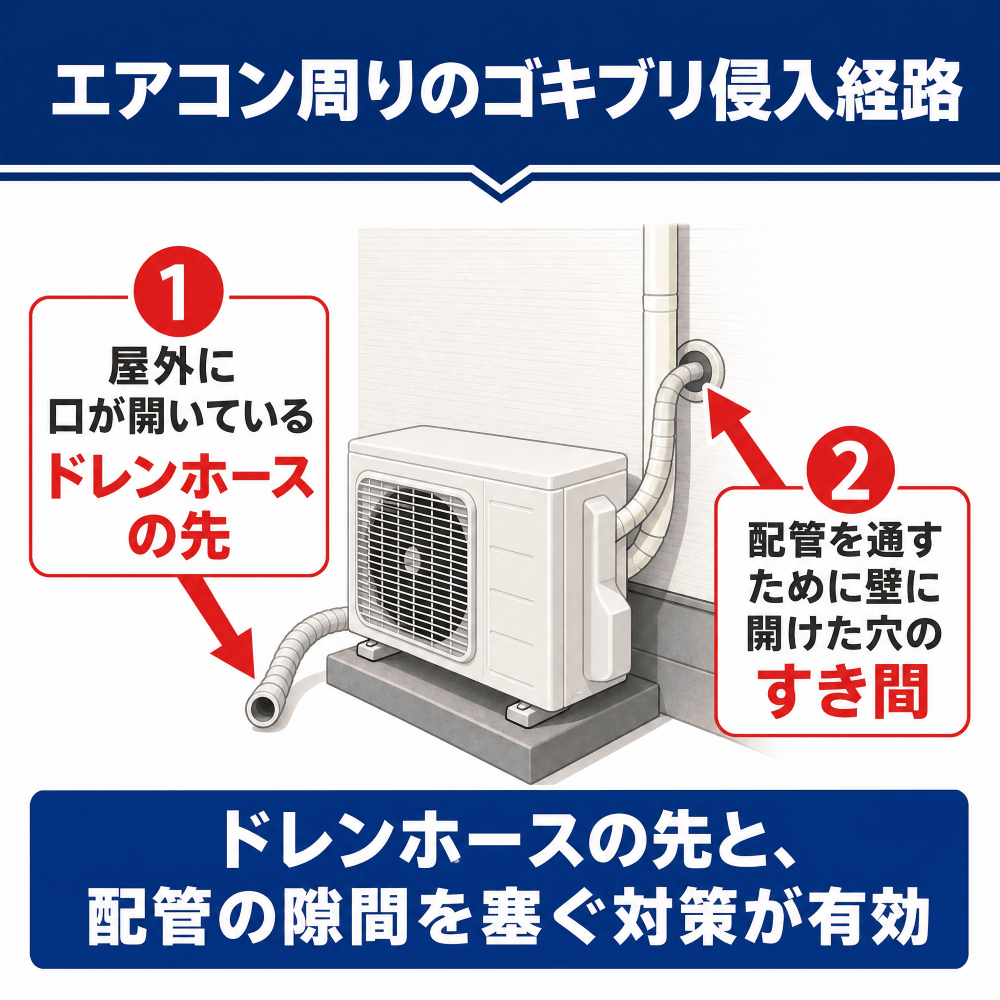 エアコン周りでゴキブリが家の中へ侵入してくる入り口になりうるのは、屋外に口が開いているドレンホースの先と、配管を通すために壁に開けた穴のすき間