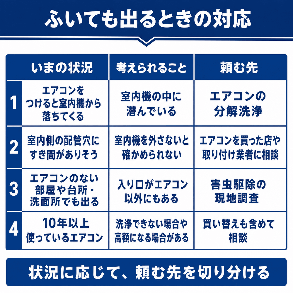 入り口をふさいでも室内で出る場合は、潜んでいる場所や入り口に応じて、頼む先（害虫駆除業者なのかエアコン業者なのか等）を切り分ける必要があります