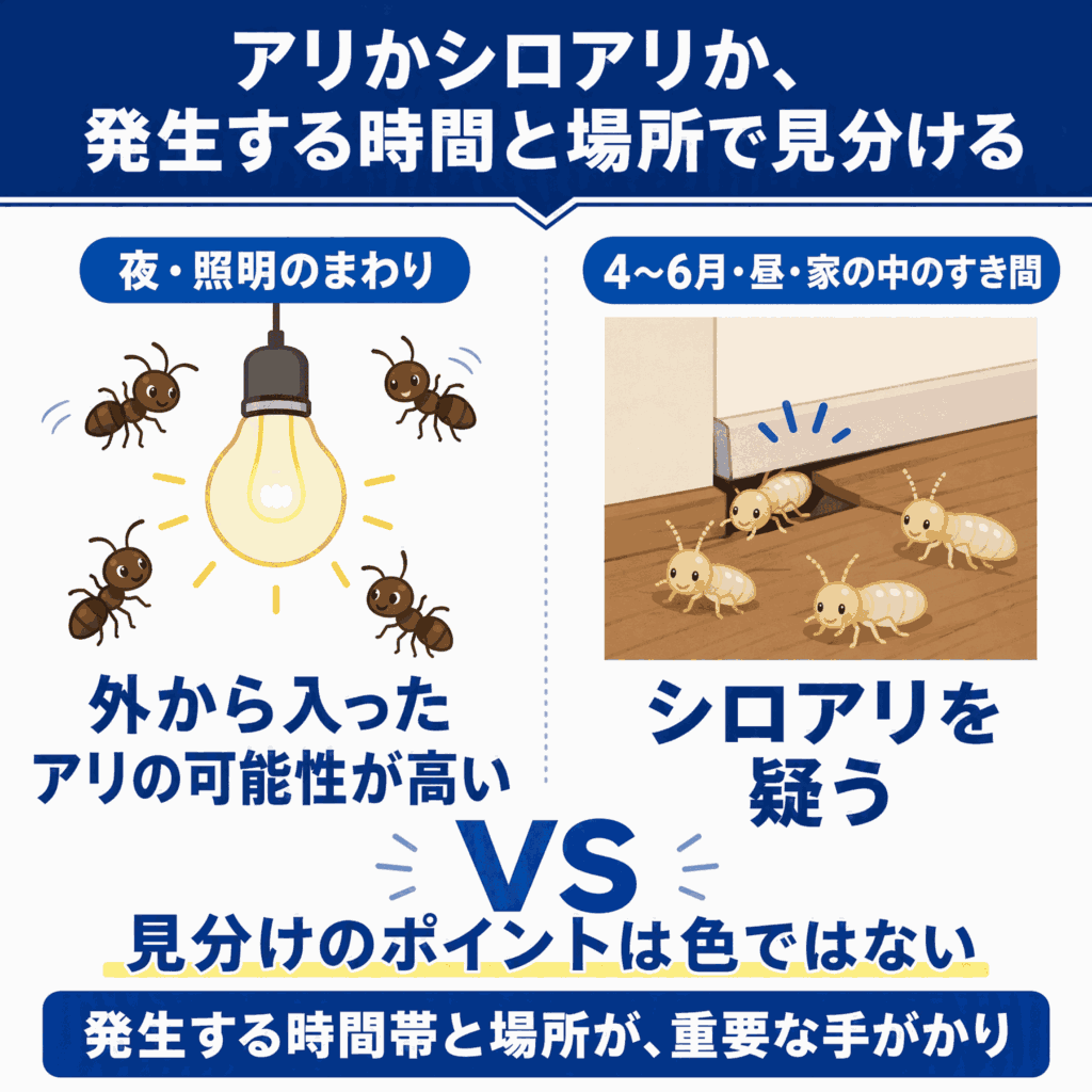夜の照明のまわりに数匹いた場合は、外から入ったアリの可能性が高い。一方で、4〜6月の昼に家の中のすき間から出てきた場合は、シロアリを疑います。